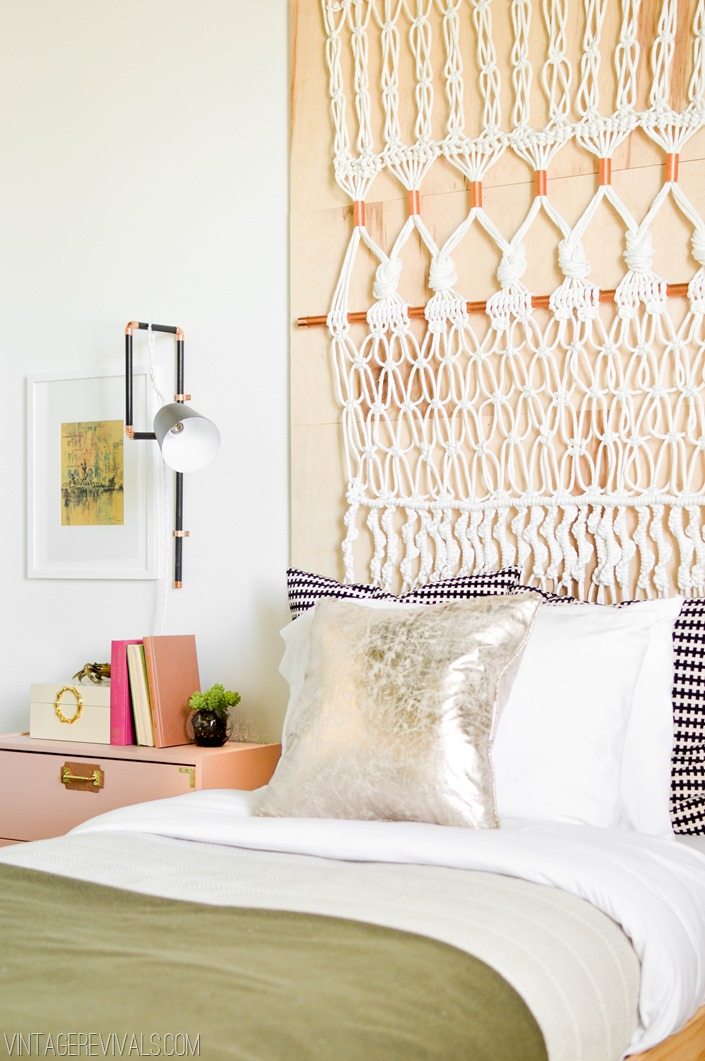 Macrame Headboard and Wall Mounted Task Lights vintagerevivals.com