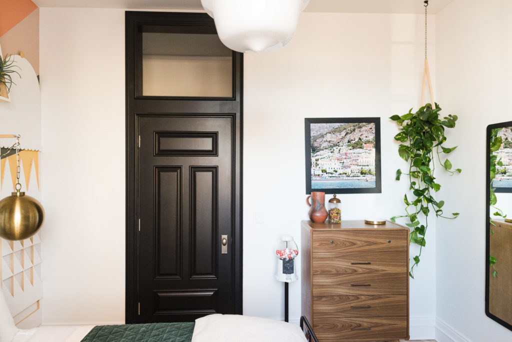 Black Interior Door with Transom and Heavy Moulding